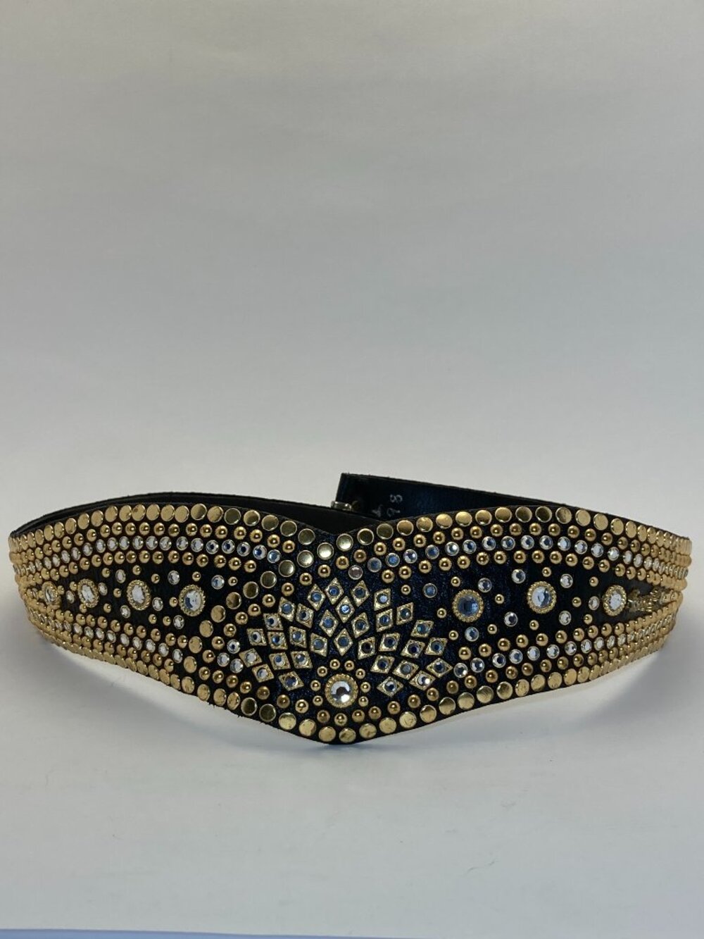 Kippys Vintage Western Belt Sz 34-37 Swarovski Crystal Black Leather Gold Studs